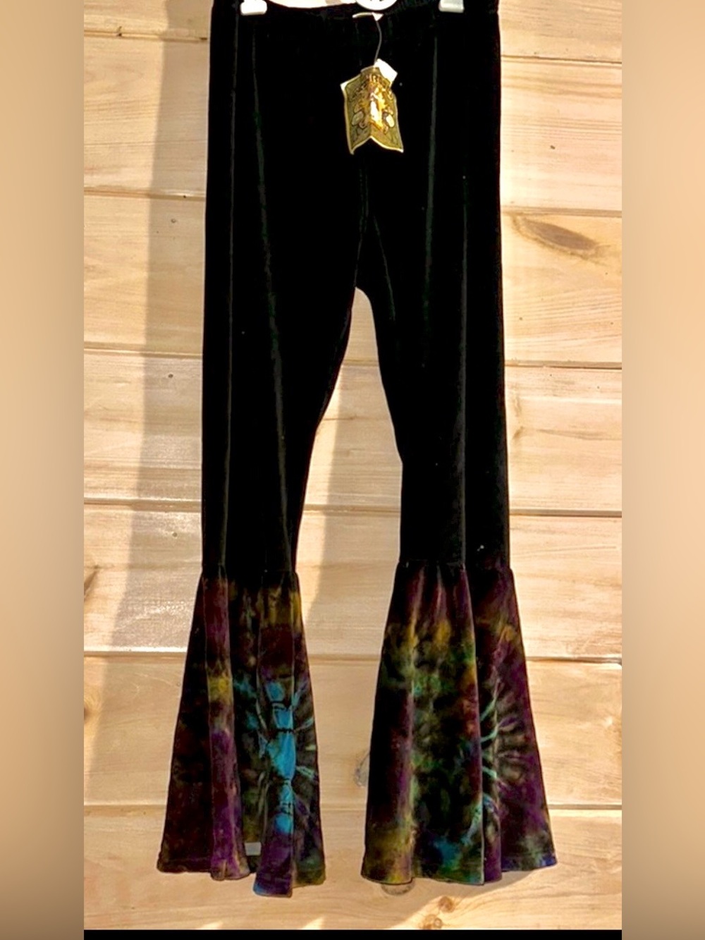 Black Velvet  Pants with Tie die Colorful Flared Hem
